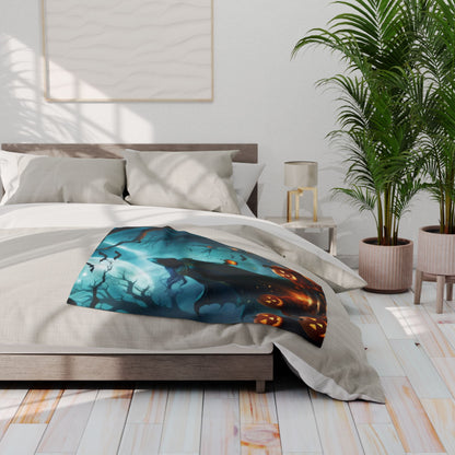 Decorative and Warm Halloween Spooky Arctic Fleece Blanket artistically arranged on a bed, exuding a blend of comfort and stylish Halloween decor, ideal for sophisticated seasonal living.