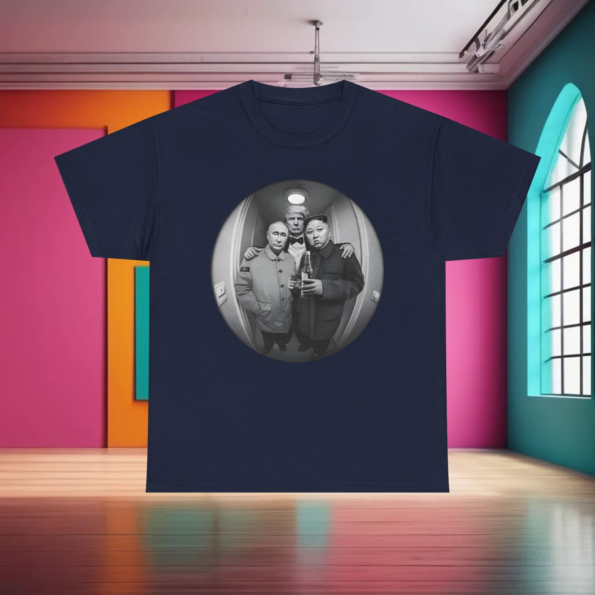 Humorous graphic t-shirt titled Meet The Neighbours, designed for fans of satire, featuring leaders having a lighthearted moment.