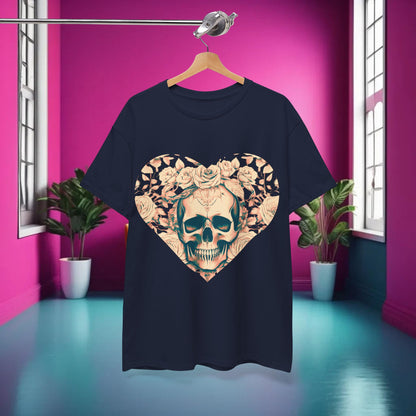 Skulls and Roses Cotton Tee showcasing a dramatic steampunk skull design surrounded by delicate roses, set against a vibrant pink wall, ideal for fashion enthusiasts looking for luxury in alternative styles.