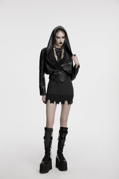 The dramatic large lapels of the Punk Rave Nyx Hooded Jacket displayed against a textured background, emphasizing its bold and edgy design.