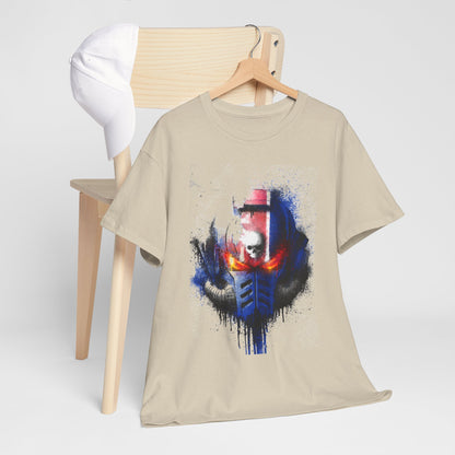 Stylish graphic t-shirt displayed on a wooden chair, showcasing a bold helmet design with eye-catching red accents and splatter details.