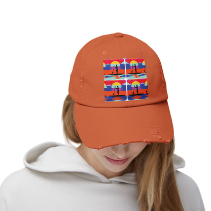 Front view of a woman wearing the stylish Unisex Distressed Paddleboarders Cap, adorned with a vibrant paddleboarding graphic, ideal for adventurous spirits.
