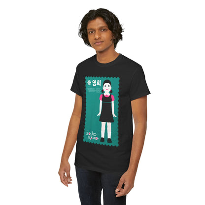 Confident male model showcasing a luxurious black t-shirt adorned with the Young-Hee design from Squid Game, blending bold aesthetics with modern fashion sensibilities.