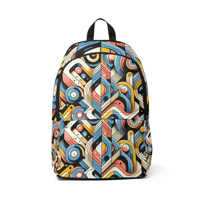 Neo-Luminary Fusion Backpack from Dazzling Dreams Studio, featuring modern art design with abstract patterns and playful comic motifs, ideal for stylish everyday use.