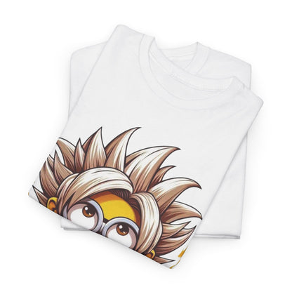 Folded Minion's Dragon Ball Z Mashup Unisex Men's Women's Graphic T Shirt Tee, emphasizing the vibrant print of a Minion styled as a Dragon Ball Z character. A funny T Shirt that captures attention and adds flair to any casual outfit for Minions lovers.
