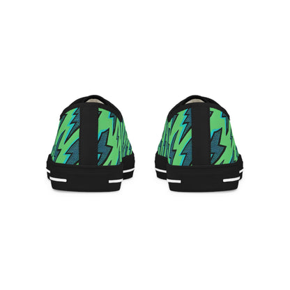 Zara Thunderbolt Men's Lowtop Sneakers featuring a vibrant bold green Pop Art design with striking turquoise lightning bolts, crafted by Dazzling Dreams Studio for a luxurious yet contemporary style.