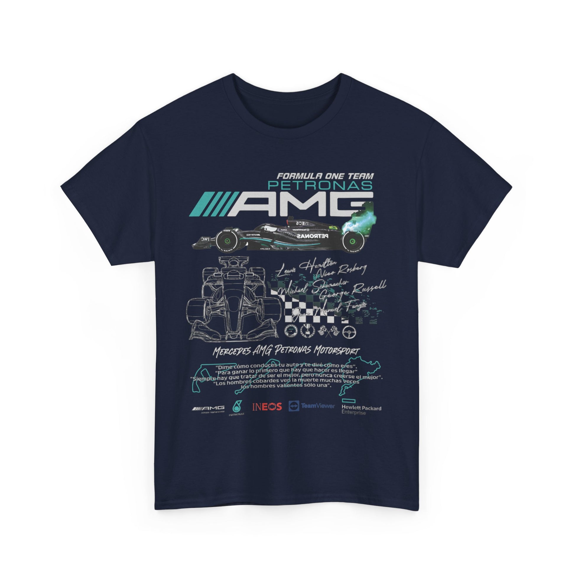 Striking navy men's t-shirt featuring dynamic Formula One car graphics, showcasing the iconic Petronas AMG logo and notable driver names, a masterpiece for motorsport enthusiasts.