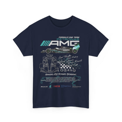 Striking navy men's t-shirt featuring dynamic Formula One car graphics, showcasing the iconic Petronas AMG logo and notable driver names, a masterpiece for motorsport enthusiasts.