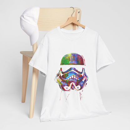 Sophisticated unisex t-shirt artistically hung alongside a sporty cap, highlighting a vibrant Stormtrooper helmet for a trendy and playful casual look.