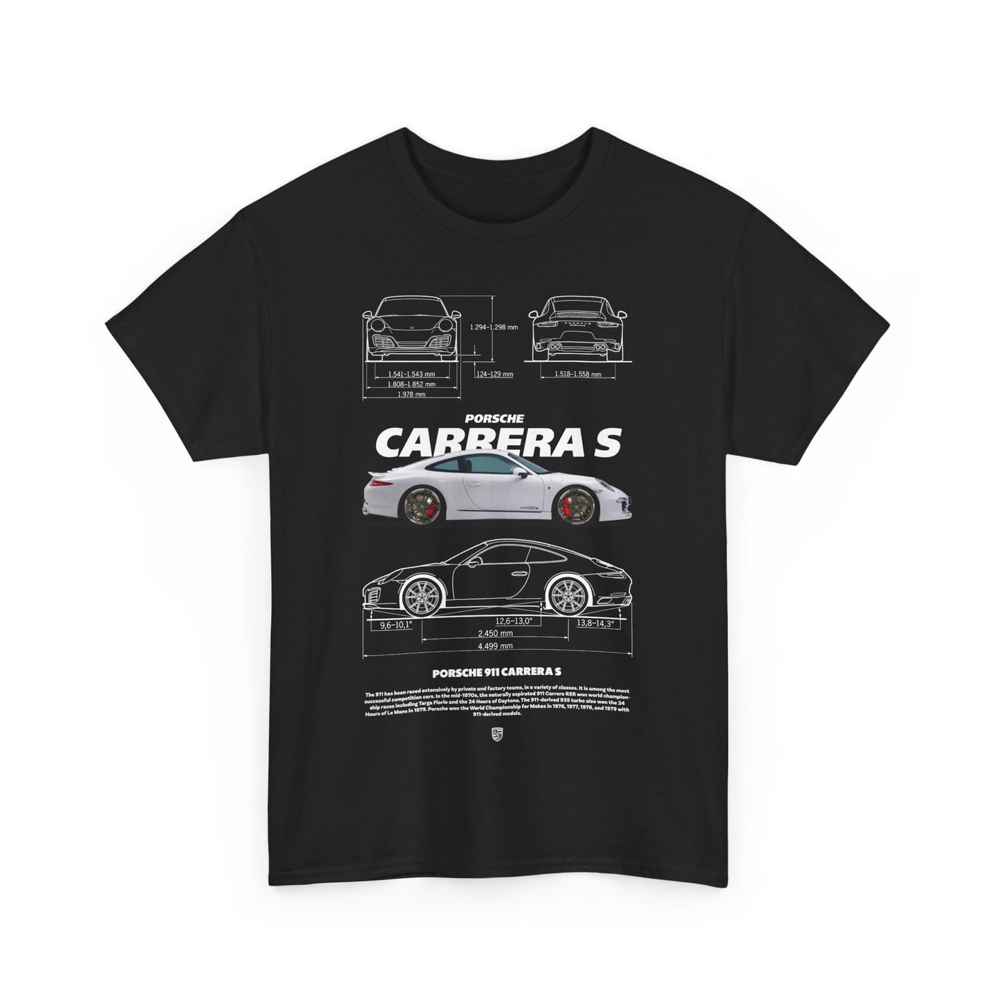 Exquisite Porsche 911 Carrera S men's T-shirt in black, adorned with intricate technical illustrations, perfect for automotive enthusiasts.