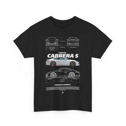 Exquisite Porsche 911 Carrera S men's T-shirt in black, adorned with intricate technical illustrations, perfect for automotive enthusiasts.