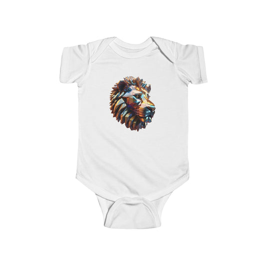 Luxury Cute Lion Bodysuit for infants, featuring a geometric lion's head design on a soft white background, perfect for stylish babies.