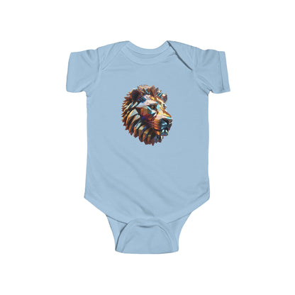 Sophisticated Cute Lion Bodysuit in light blue, presenting an artistic geometric lion's head design for classy infants.
