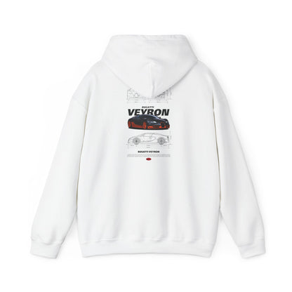 Luxurious white hoodie featuring an artistic Bugatti Veyron design on the back, showcasing the car's sleek silhouette and technical drawings, perfect for automotive enthusiasts and style aficionados.
