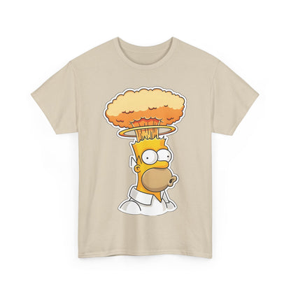 Elegant beige Homer Mind Blown Graphic T-Shirt showcasing a striking illustration of Homer Simpson with a nuclear mushroom cloud, ideal for a playful yet sophisticated look.