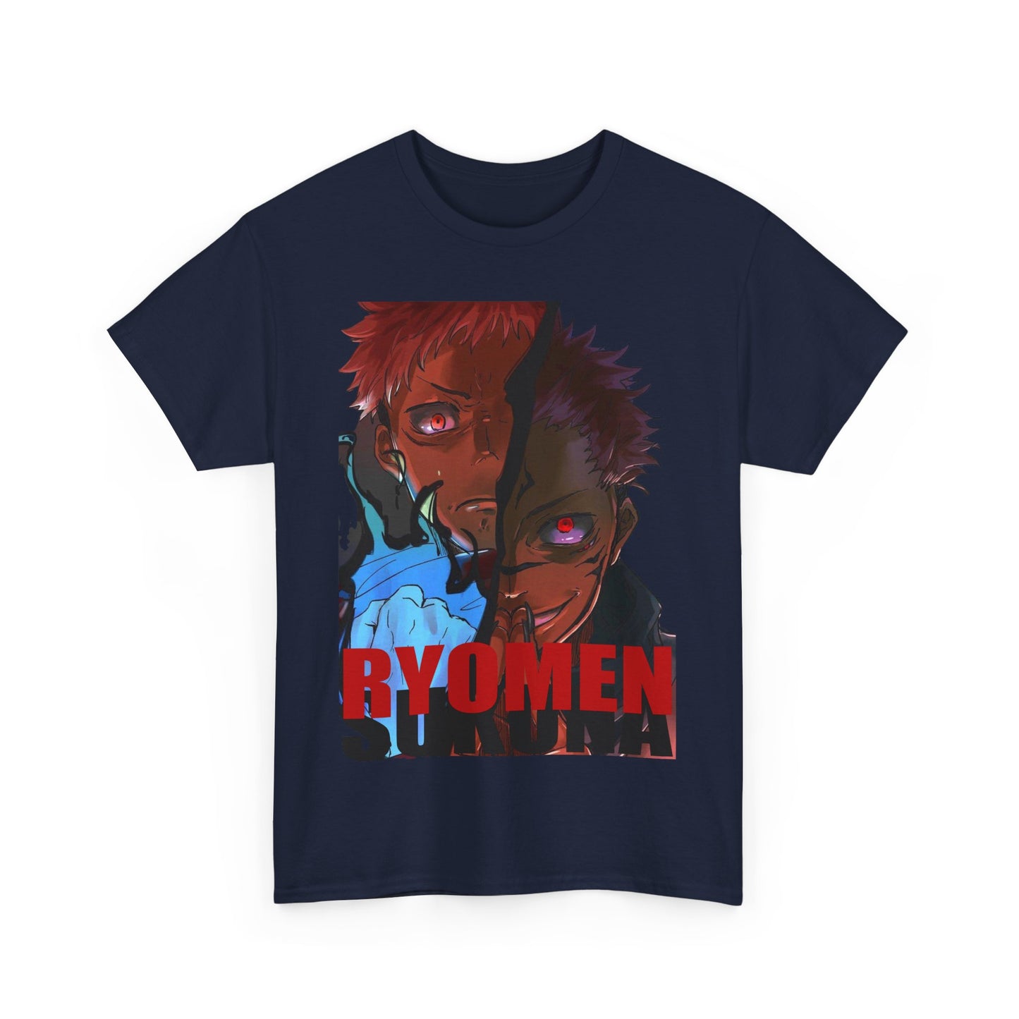 Luxurious navy blue Ryomen Sukuna anime t-shirt featuring striking artwork of two captivating characters with vibrant, intense expressions, complemented by bold 'RYOMEN SUKUNA' typography.