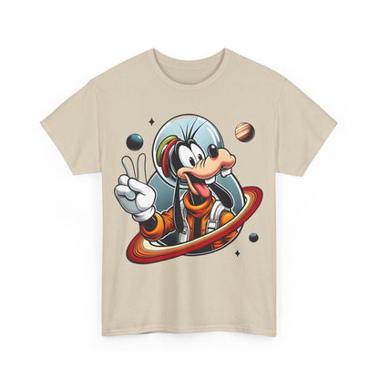 Charming unisex t-shirt adorned with a whimsical illustration of Goofy in an astronaut suit, representing the title 'Blast Off with Goofy Astronaut Graphic Unisex Graphic Tee Shirt'.