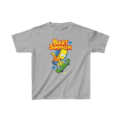Unisex Kids Bart Simpson Cotton T-Shirt Tee in grey, featuring a vibrant design of Bart Simpson skating, blending luxury and playful aesthetics for children.