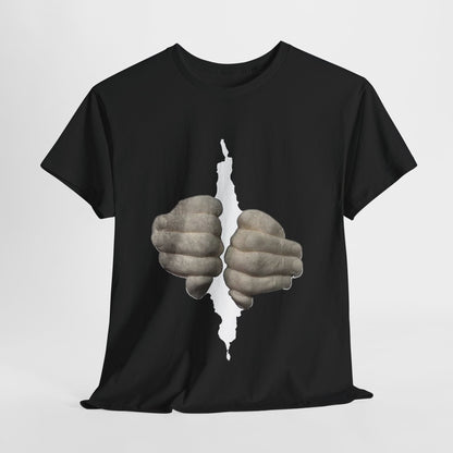 Luxurious black unisex t-shirt featuring a captivating graphic of hands breaking through a tear in fabric, symbolising freedom and humour, suitable for stylish men and women.