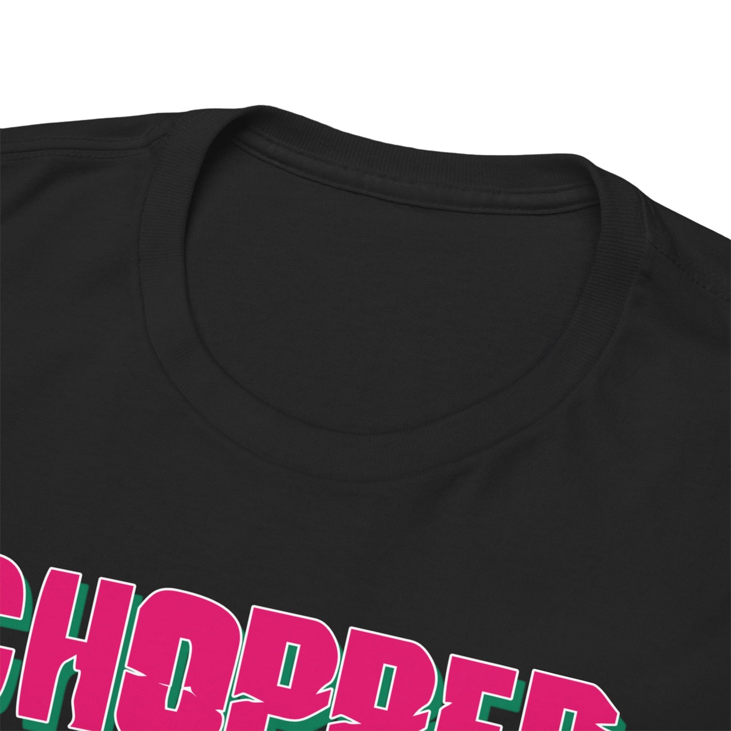 Close-up view of the luxurious neckline of a Chopper & Friends graphic tee, featuring a high-quality print and attention to detail on soft black fabric.