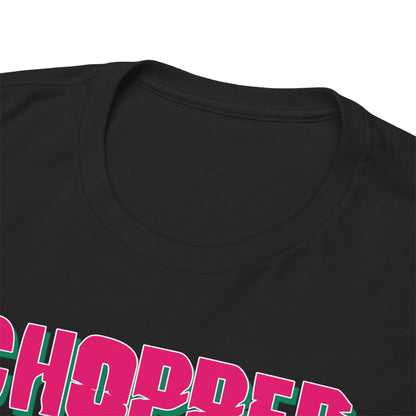 Close-up view of the luxurious neckline of a Chopper & Friends graphic tee, featuring a high-quality print and attention to detail on soft black fabric.