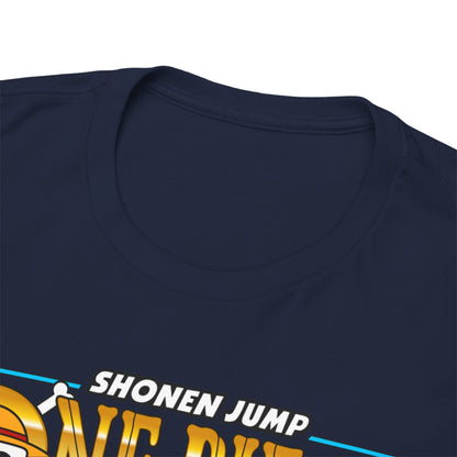 Close-up view of the luxurious neckline of an anime pirate t-shirt, emphasising high-quality fabric and craftsmanship.