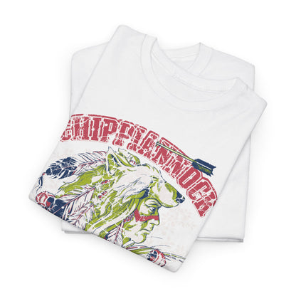 Elegantly folded Native American Heritage Graphic T-Shirt showcasing a striking Wolf Headdress design, embodying a celebration of culture, displayed in muted tones of green, red, and blue.