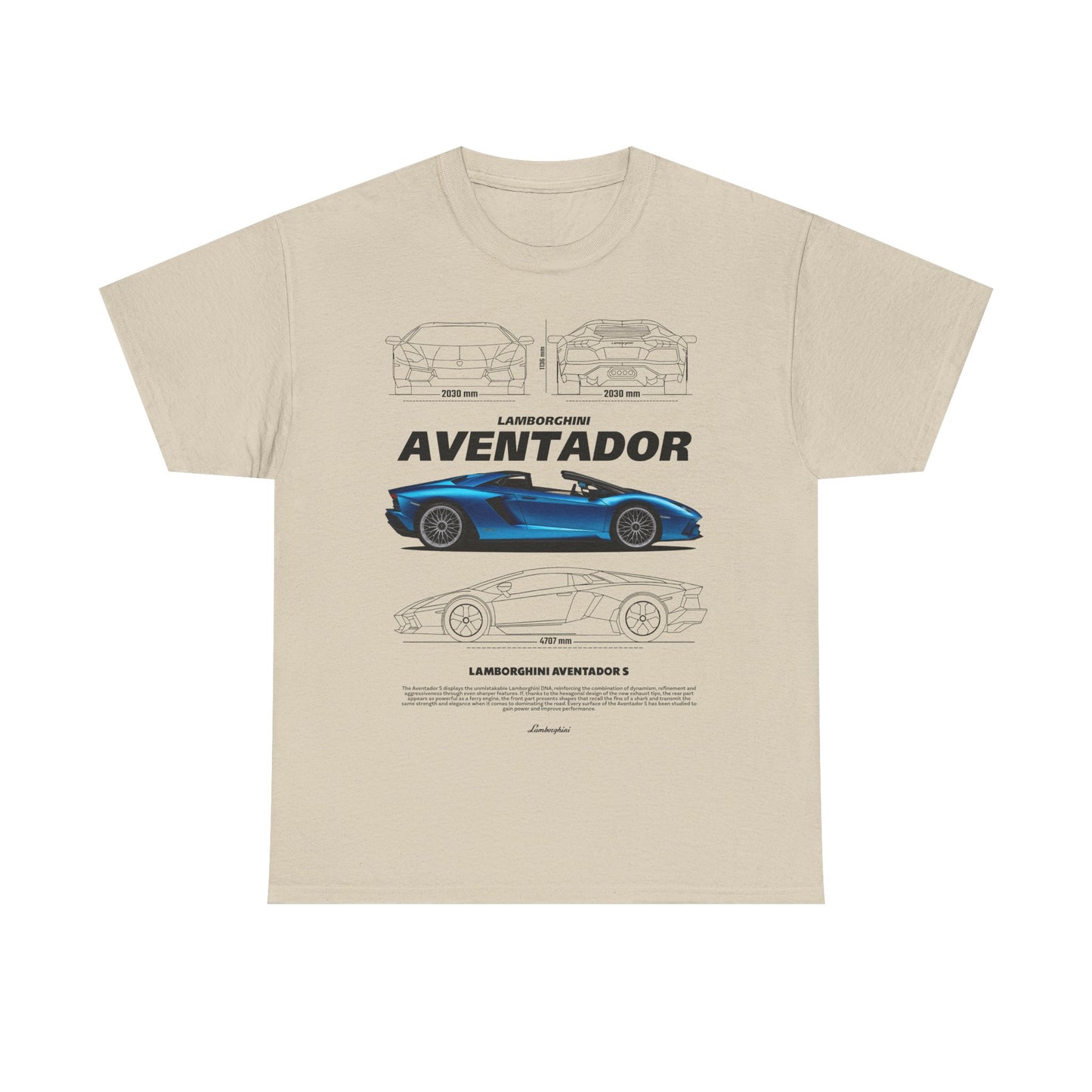 Stylish beige men's t-shirt with Lamborghini Aventador artwork, highlighting vibrant car imagery and intricate specifications.
