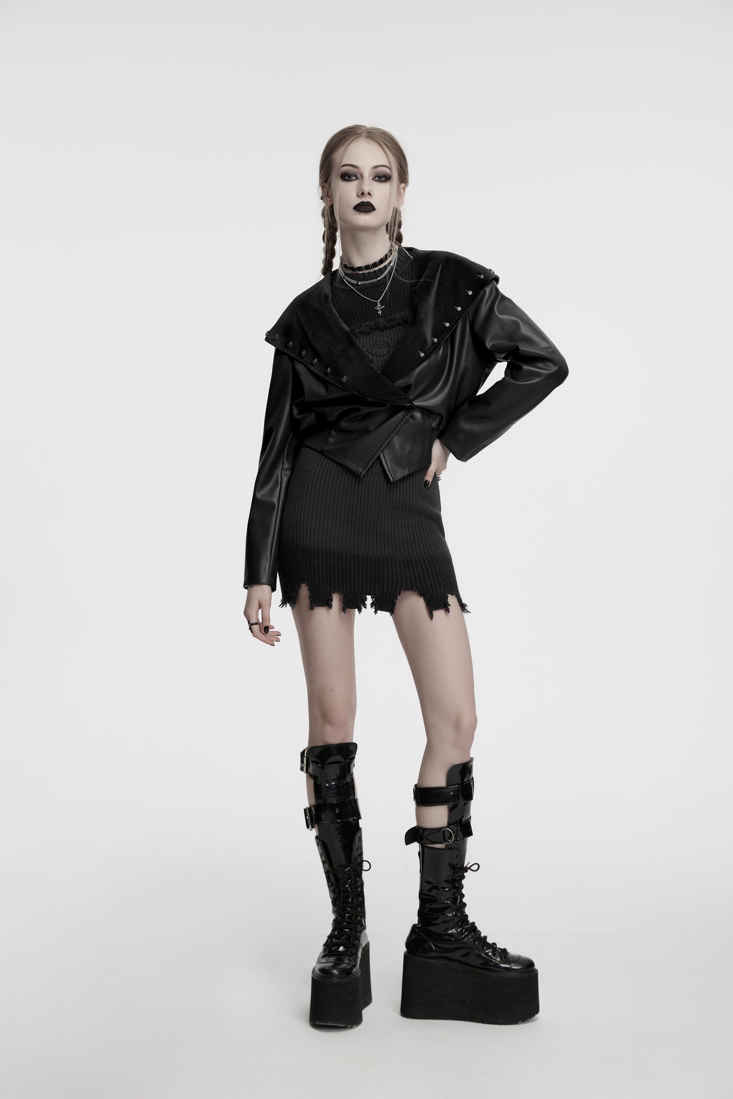 Elegant Punk Rave Nyx Hooded Faux Leather Jacket featuring dramatic oversized hood and skull stud embellishments, ideal for gothic alternative fashion.