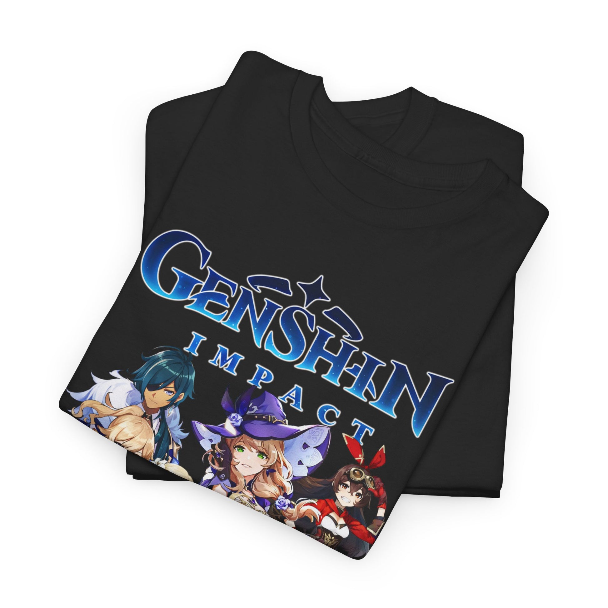 Sophisticated Genshin Impact T-shirt folded neatly, displaying intricate character artwork and high-quality fabric for discerning fans.