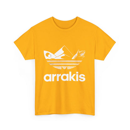 Arrakis Dune Graphic T-Shirt - Urban Unisex Cotton Tee for Fantasy Art Lovers, front view showcasing bold white graphic against bright orange fabric.