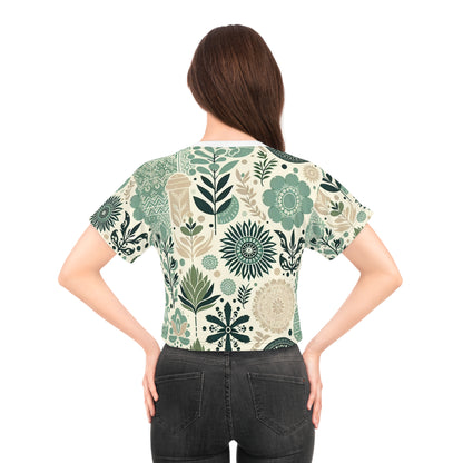 Elegant model wearing a pastel green block print crop top by Dazzling Dreams Studio, ideal for brunch days or casual outings.