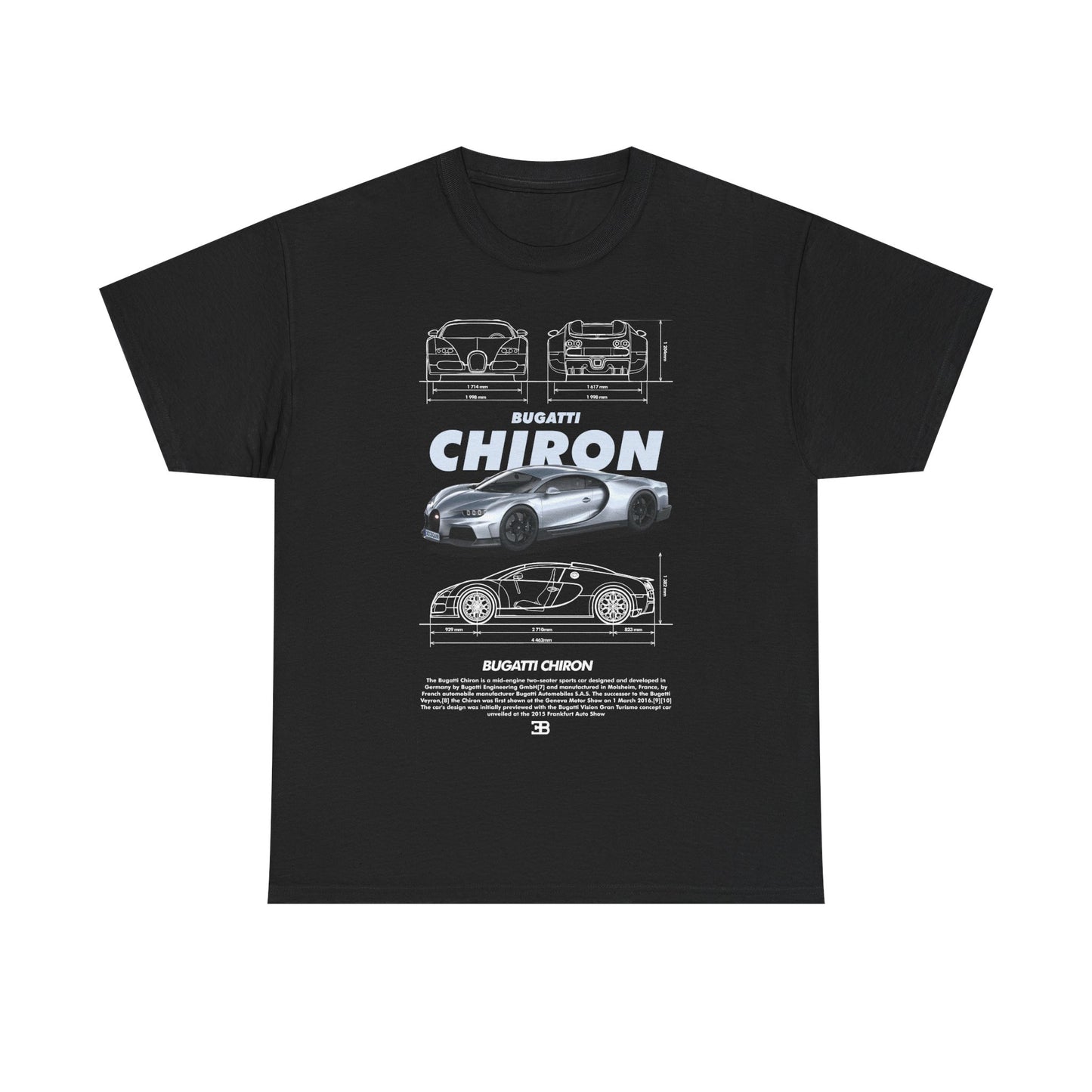 Sleek black men's t-shirt displaying a bold graphic of the Bugatti Chiron, celebrating automotive excellence with intricate sketches and prominent brand logo.