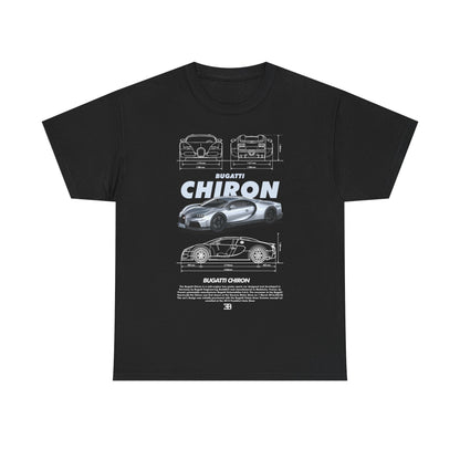 Sleek black men's t-shirt displaying a bold graphic of the Bugatti Chiron, celebrating automotive excellence with intricate sketches and prominent brand logo.