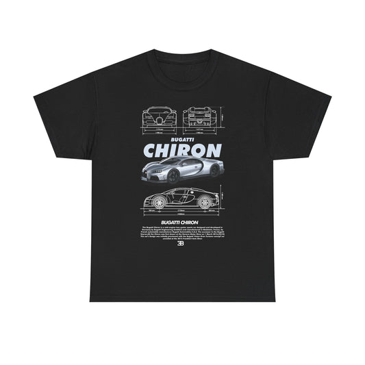 Sleek black men's t-shirt displaying a bold graphic of the Bugatti Chiron, celebrating automotive excellence with intricate sketches and prominent brand logo.