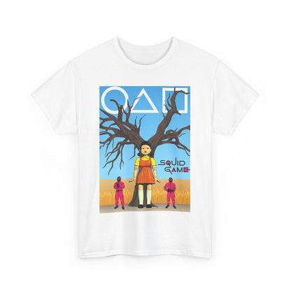 Elegant cotton tee showcasing a Squid Game theme, featuring a distinguished design with thematic characters and vibrant visuals.