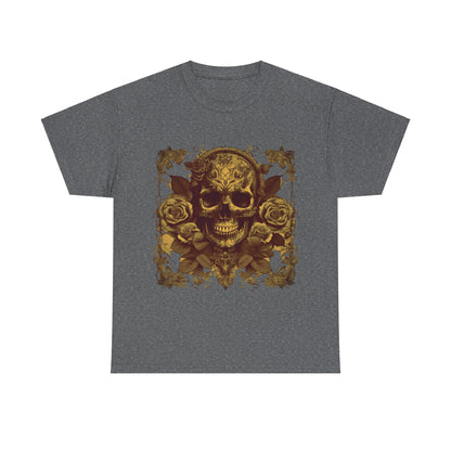 Skulls and Roses Cotton Tee - A luxurious unisex graphic shirt in grey, showcasing an intricate skull and roses design, perfect for alternative fashion enthusiasts.