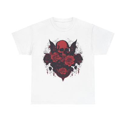 Skulls and Roses Cotton Tee - Alternative Colour: A luxurious graphic shirt displayed in white, adorned with the captivating skull and rose design.