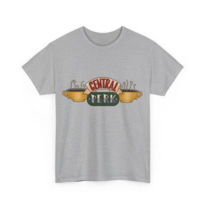 Central Perk Coffee Shop Friends Retro Logo Graphic Tee in soft grey fabric, showcasing the iconic Central Perk logo, perfect for fans of the legendary sitcom 'Friends'.