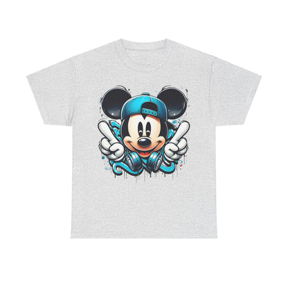 Chic unisex Mickey Mouse Graffiti Graphic T-Shirt in grey, presenting Mickey Mouse in a striking graffiti style, adorned with a teal baseball cap and headphones for a youthful vibe.