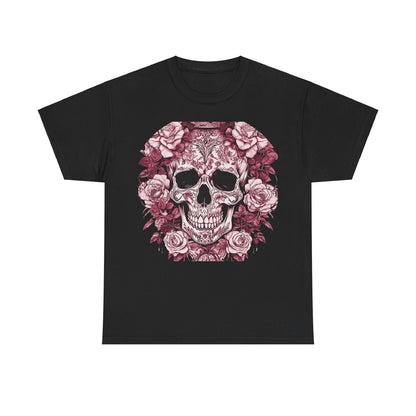 Elegant Skulls and Roses Cotton Tee in black showcasing a captivating skull design enveloped by roses, ideal for unique style.