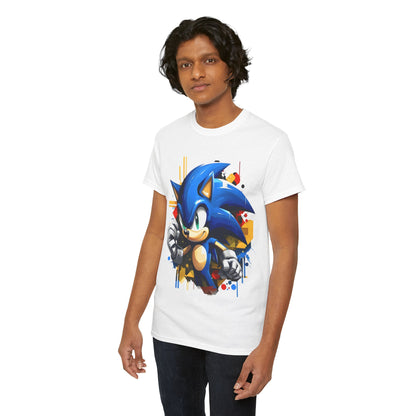 Model wearing Sonic The Hedgehog Unisex Graphic Tee - Vibrant Art Tee Featuring Iconic Hedgehog Design, displaying a bold Sonic design amid an artistic backdrop.