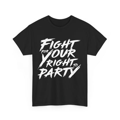 Sophisticated black graphic t-shirt showcasing the bold phrase 'Fight for Your Right to Party', a perfect blend of art and culture.