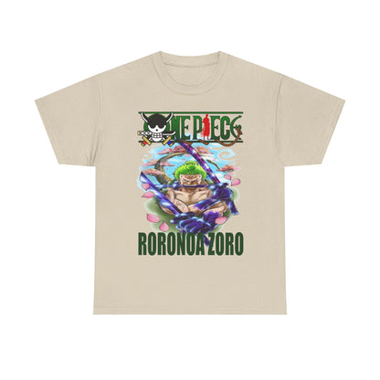 Sleek beige Roronoa Zoro graphic t-shirt featuring an artistic portrayal of the character amidst delicate pink flowers, perfect for sophisticated anime fans.