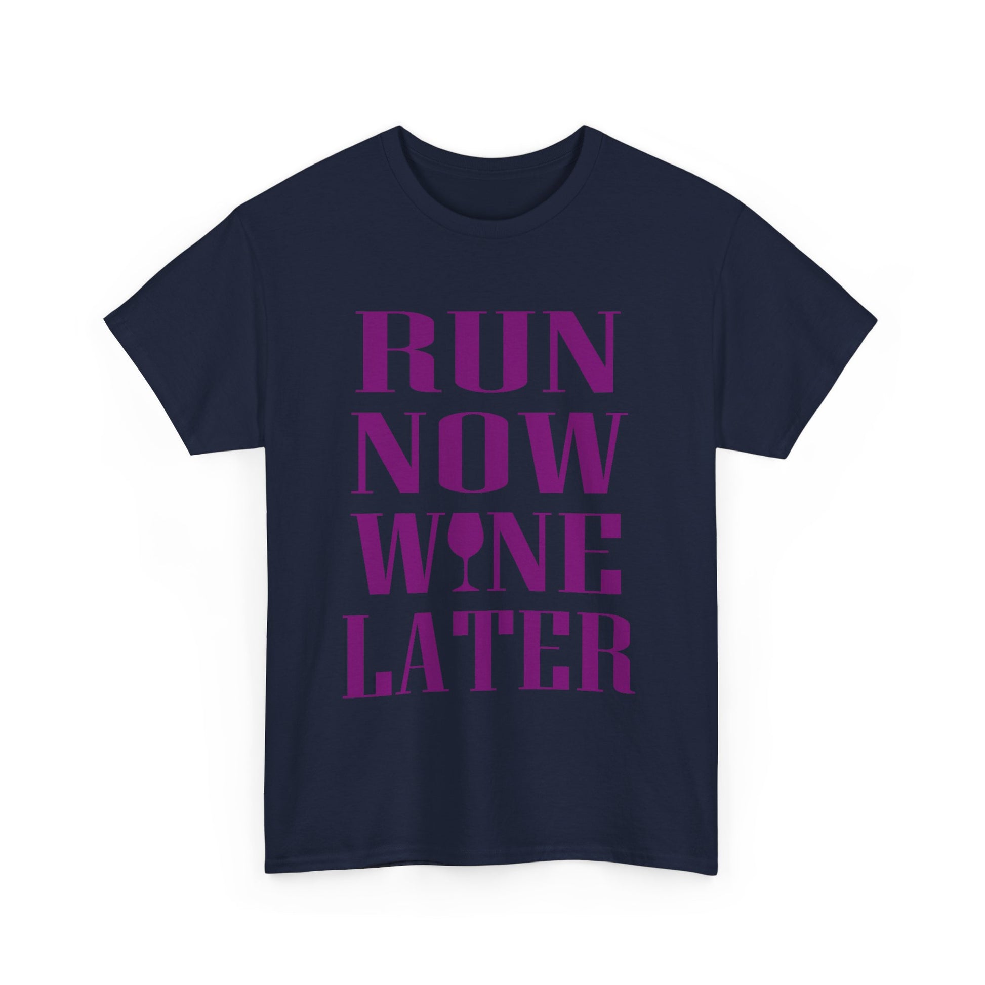 Elegant navy women’s t-shirt featuring the motivational phrase 'RUN NOW WINE LATER' in striking purple, perfect for fitness enthusiasts with a stylish flair.