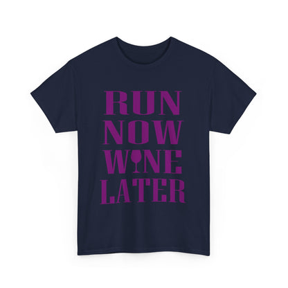 Elegant navy women’s t-shirt featuring the motivational phrase 'RUN NOW WINE LATER' in striking purple, perfect for fitness enthusiasts with a stylish flair.