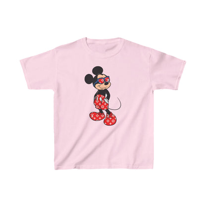 Unisex Kids Mickey Mouse LV Cotton T-Shirt Tee in soft pink, displaying a fashionable Mickey Mouse dressed in Louis Vuitton, ideal for chic kids.