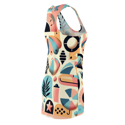 Close-up of the racerback design of Dazzling Dreams Summer Pastel Racerback Dress, highlighting its breathable fit and vibrant tropical patterns.