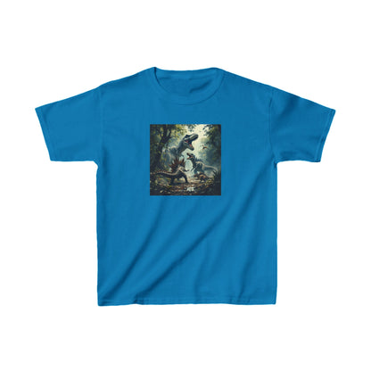 Kids Dinosaur Heavy Cotton Tee in bright blue, adorned with an exciting dinosaur illustration, perfect for imaginative little adventurers.