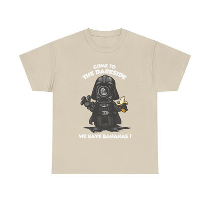 Darth Vader Minion Graphic Unisex T Shirt Tee featuring a playful design with Darth Vader holding a banana, perfect for fans of Star Wars and Minions. This Funny T Shirt is ideal for casual wear.